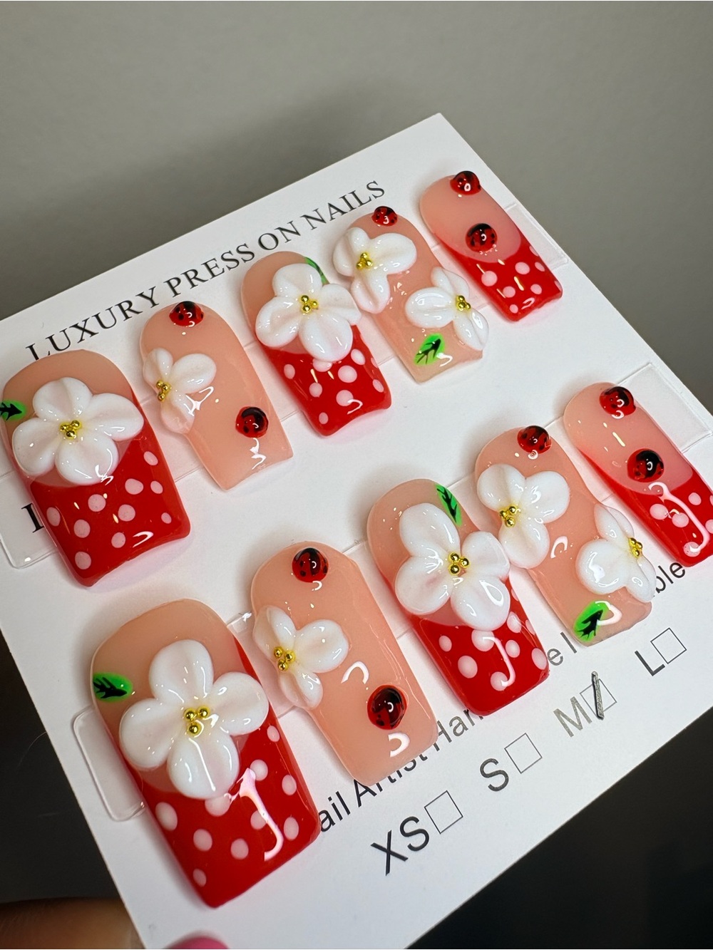 Floral Red Polka Dot Press-On Nails - Picture 3 of 3